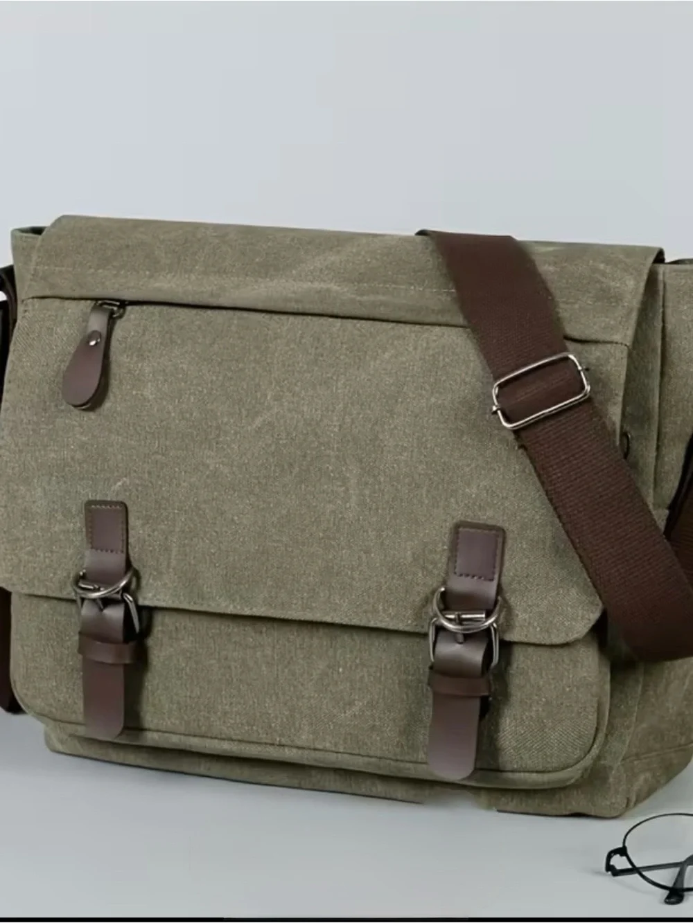 Olive Green Canvas Messenger Bag with Brown Trim